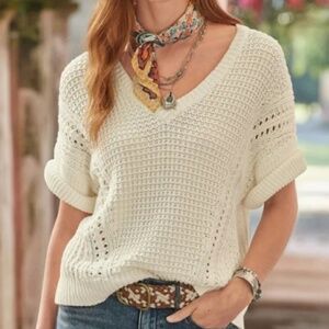 Sundance My Everyday Short Sleeve Sweater M Cream Boho Cottage Fisherman Chunky